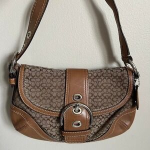 Coach Soho Signature Khaki Brown Leather Flap Baguette Shoulder Bag F10925